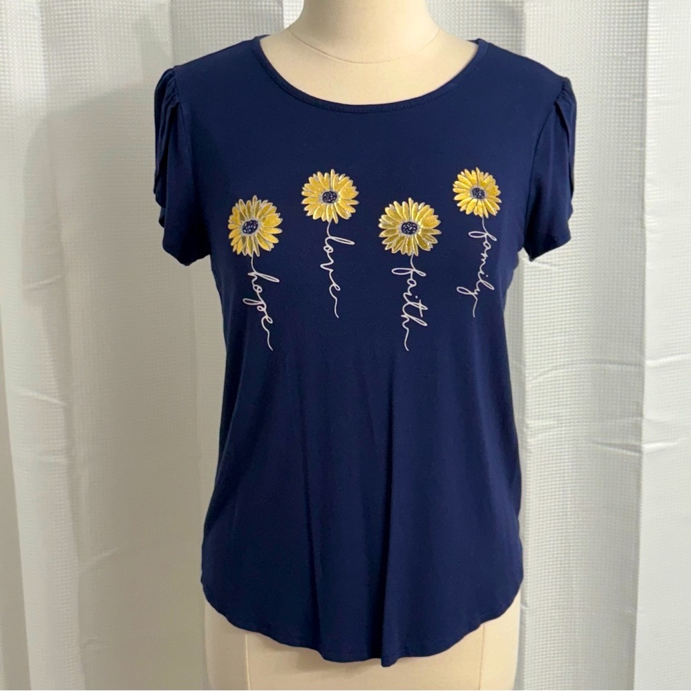 AVA JAMES Women's Short Sleeve Gold Daisy Cottagecore Flower Top, Navy, Size M
